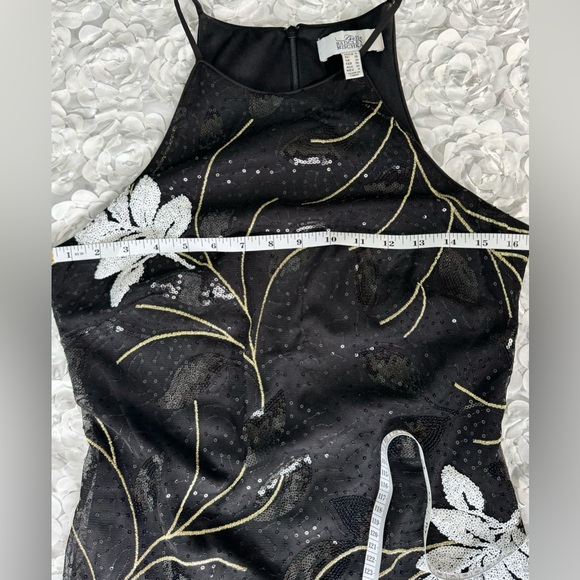 Belle Badgley Mischka Dress Gown 6 Black Embroidered Sequins Leaves Gold Formal - Picture 3 of 12